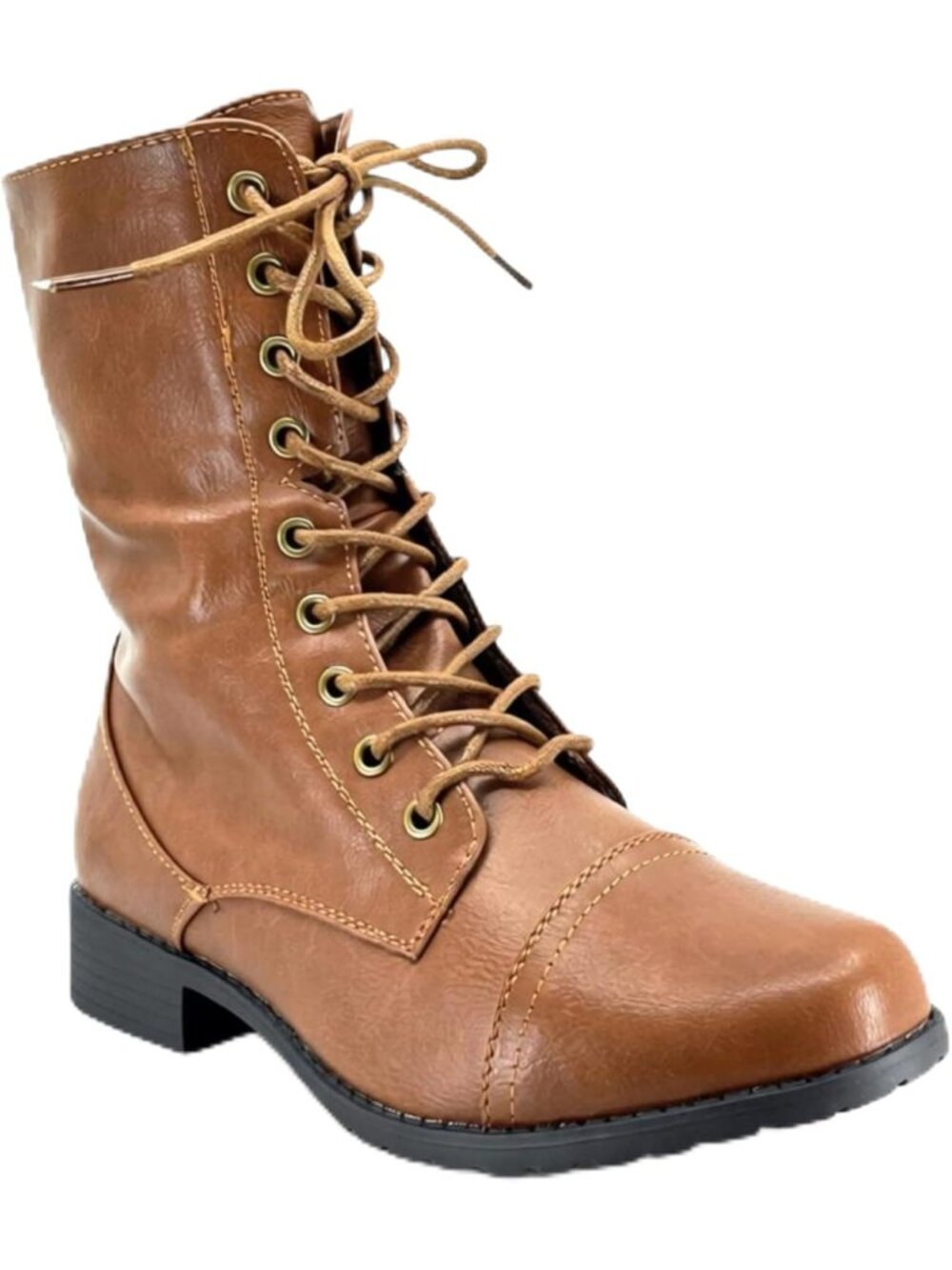 Women's Tan  Lace up Round Toe Low Heel Combat Boots